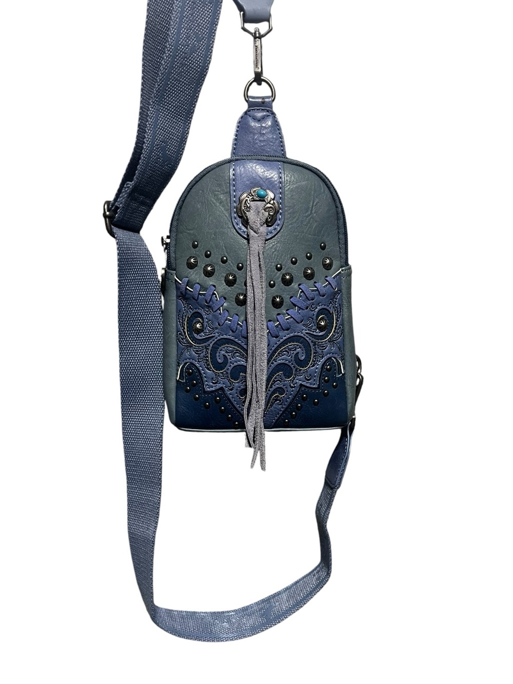 Montana West Blue Embellished Crossbody Bag with Fringe Accent